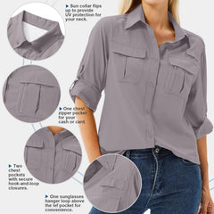 Women's UPF 50 Long Sleeve Sun Protection Safari Fish Hiking Shirts