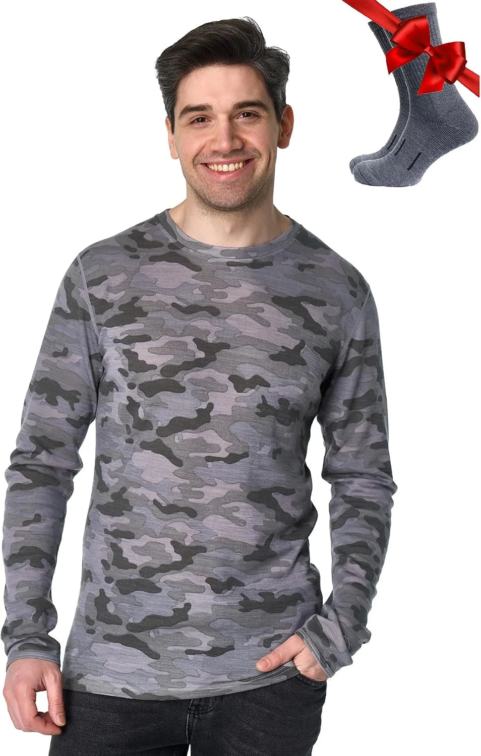 100% Merino Wool Base Layer Mens - Long Sleeve Thermal Shirts with Socks