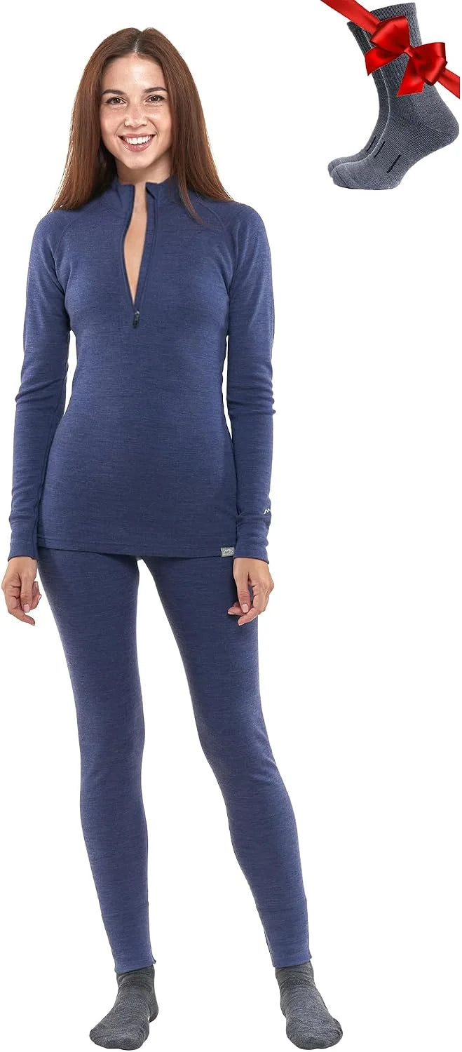 100% Merino Wool Base Layer Women Set - Thermal Underwear Women Top, Bottom