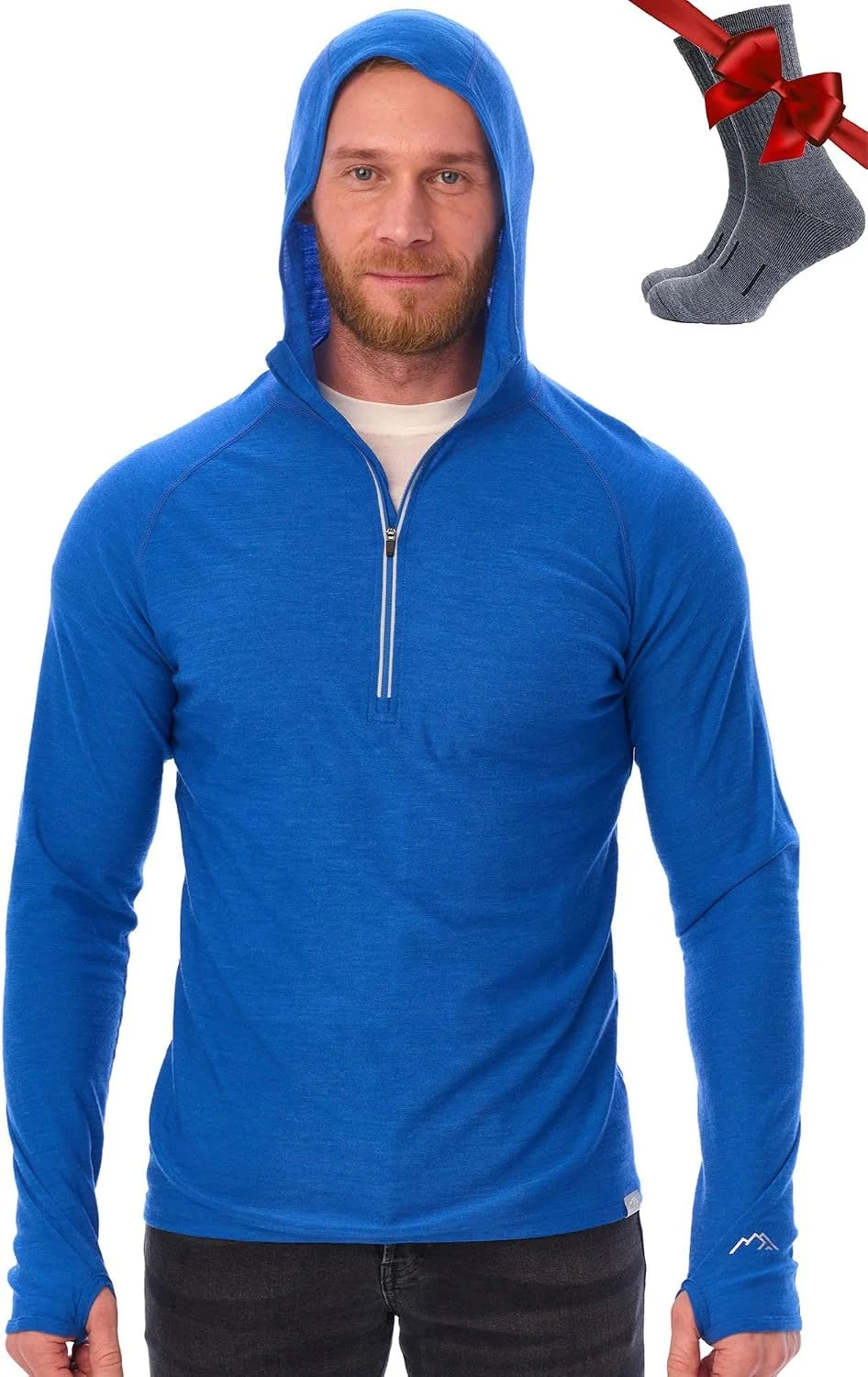 100% Merino Wool Hoodie Men - Slim Fit Quarter Zip Thermal Base Layer Top