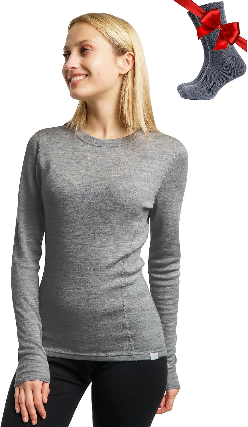 100% Merino Wool Base Layer Women - Long Sleeve Thermal Shirt with Socks