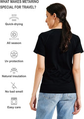 METARINO 100% Merino Wool T-Shirt Women V Neck Short Sleeve Base Layer Tee Shirt for Travel,Hiking,Sports
