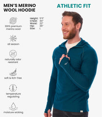 100% Merino Wool Hoodie Men - Slim Fit Quarter Zip Thermal Base Layer Top