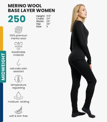 100% Merino Wool Base Layer Women Set - Thermal Underwear Women Top, Bottom