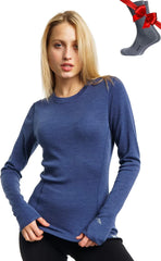 100% Merino Wool Base Layer Women - Long Sleeve Thermal Shirt with Socks
