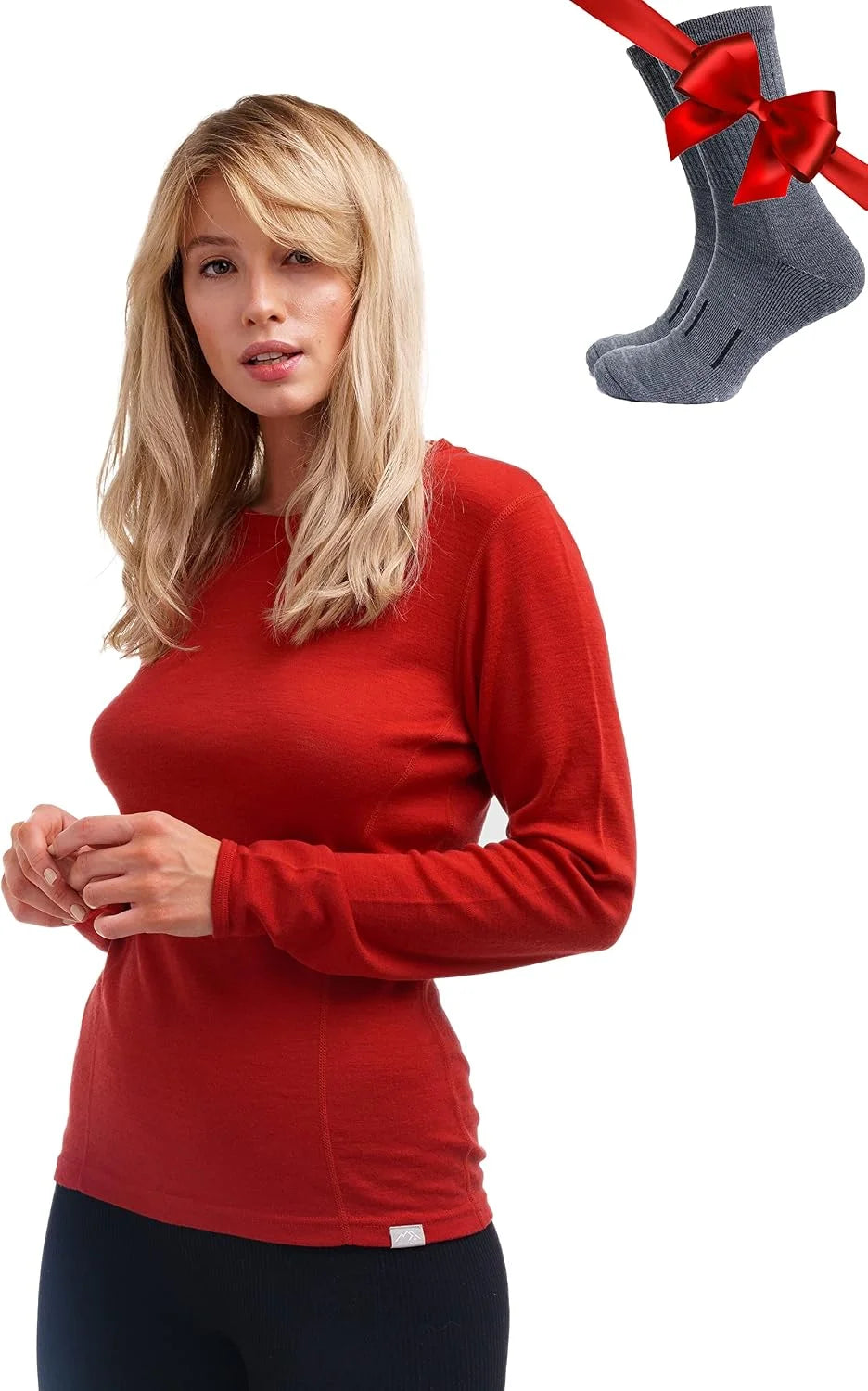 100% Merino Wool Base Layer Women - Long Sleeve Thermal Shirt with Socks