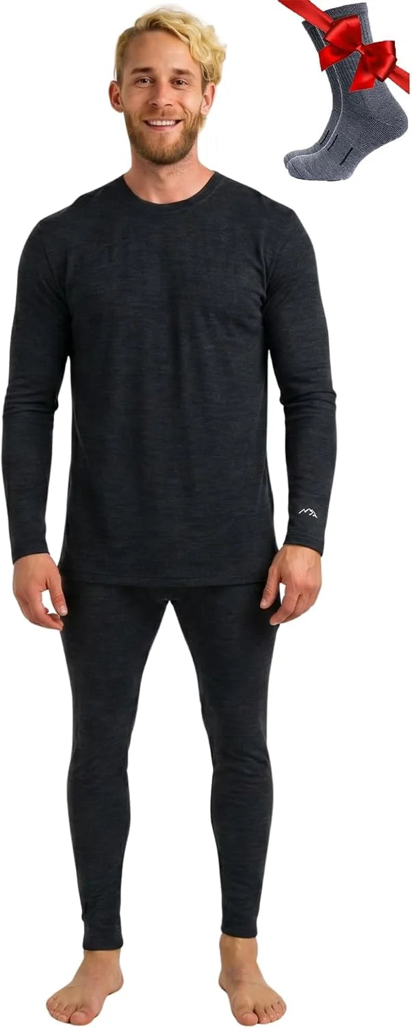 100% Merino Wool Base Layer Men Set - Thermal Underwear for Men Long Johns