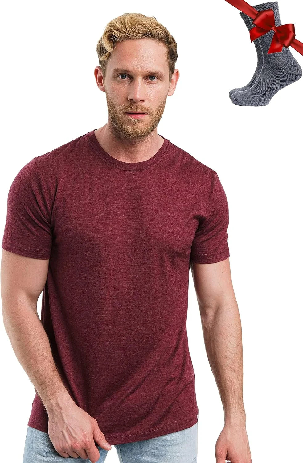 100% Merino Wool T-Shirt Men - Base Layer Top Undershirt with Hiking Socks