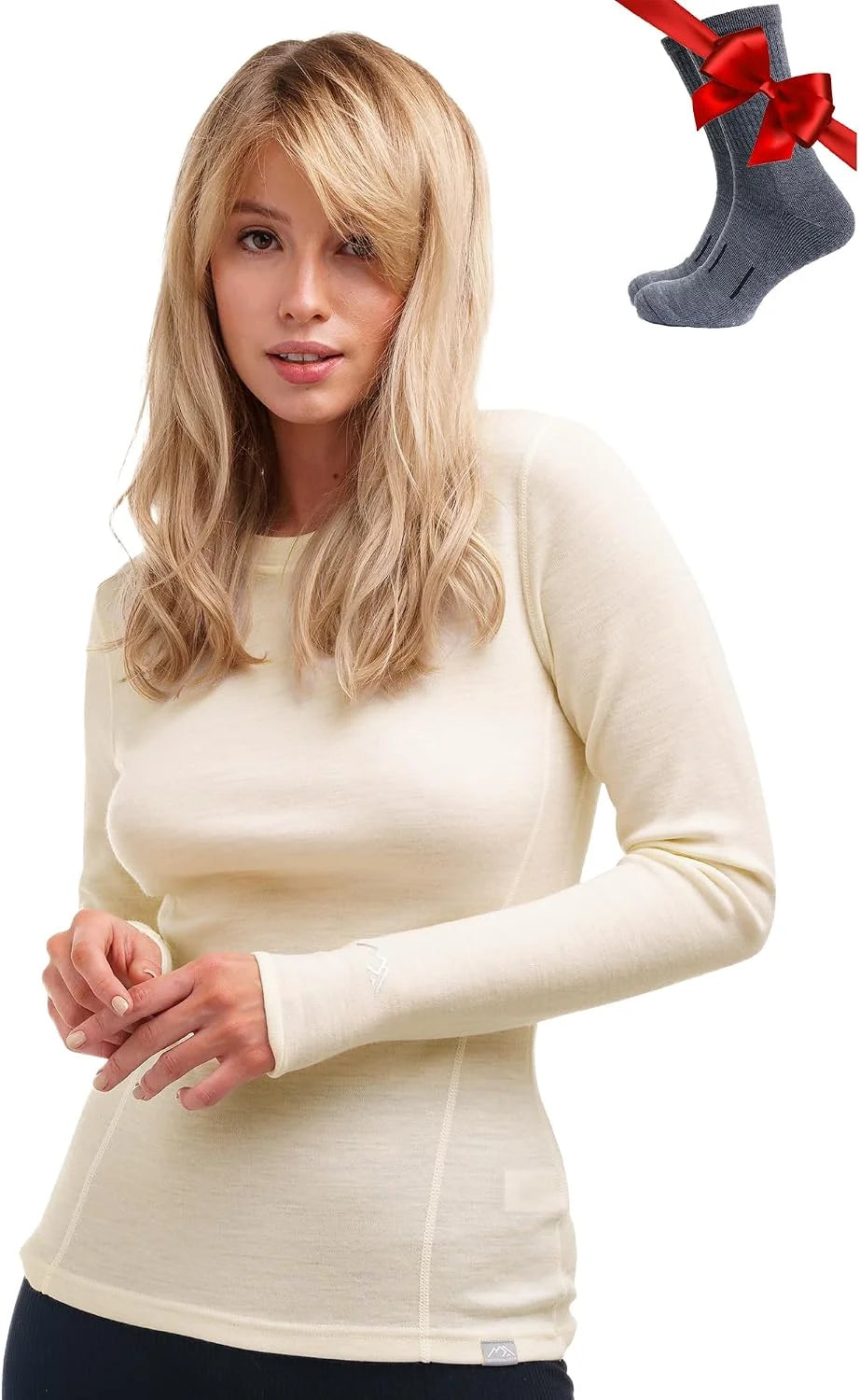 100% Merino Wool Base Layer Women - Long Sleeve Thermal Shirt with Socks